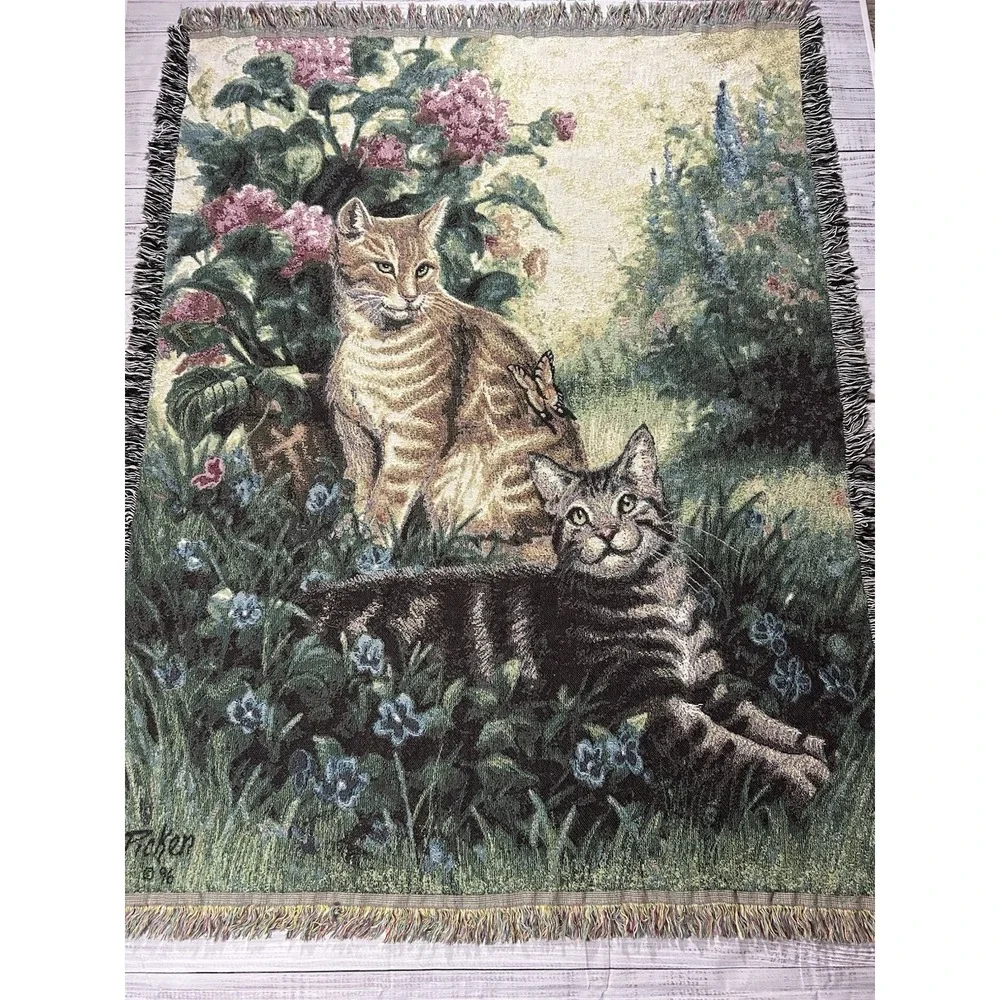 Vintage Linda Picken 1996 Cat Kitten Woven Tapestry Blanket Throw Fringe 68x51